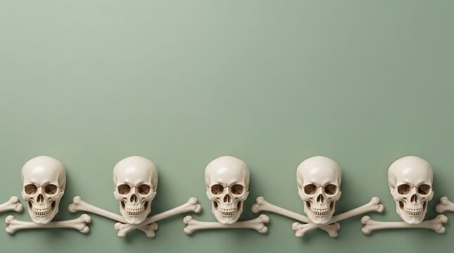 Five plastic skulls arranged in a row against a muted green background