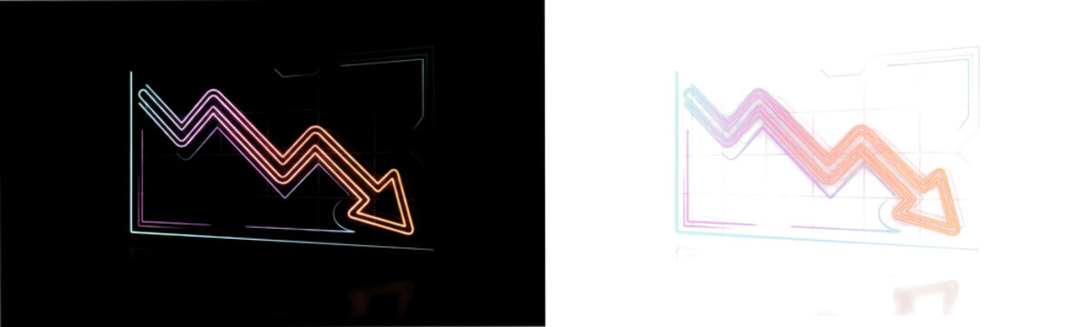 Glowing neon downward trend arrow graph representing financial crisis and market crash. High-quality isolated PNG file on transparent background for business presentations and stock designs.