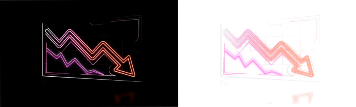 Glowing neon decline graph icon representing stock market crash, economic recession, and financial loss, isolated on transparent background PNG for business presentations.
