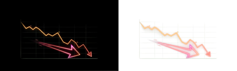 Obraz premium Glowing neon red and orange downward financial graph indicating a stock market crash or economic recession, isolated PNG asset on transparent background for business presentations.