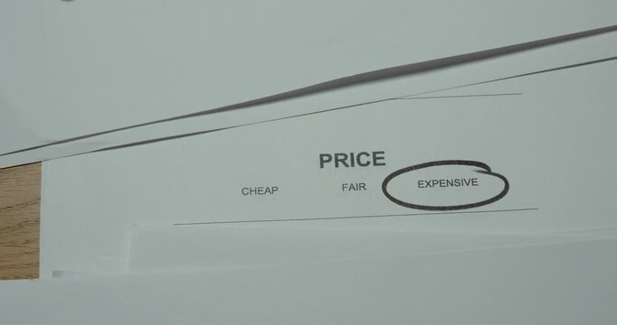 Close-up of a price level scale with Expensive circled. Concept for high prices, increased costs, affordability assessment, consumer spending and pricing evaluation.