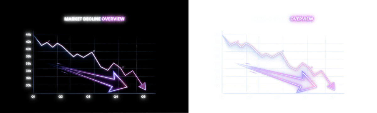 Glowing neon financial line chart displaying market decline and recession. This transparent PNG is ideal for business presentations, trading analytics, and economic crisis visualizations.