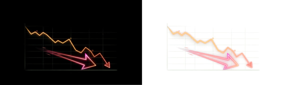 Glowing neon red and orange downward financial graph indicating a stock market crash or economic recession, isolated PNG asset on transparent background for business presentations.