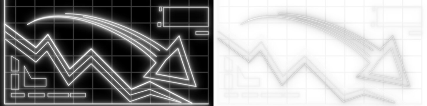Futuristic white neon glowing downward financial trend graph in PNG format with transparent background. Perfect for business loss, economic crisis, or stock market crash concepts.