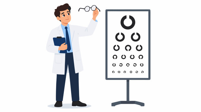 Young cheerful male optometrist doctor in white coat holding round eyeglasses beside Snellen eye chart with Landolt C optotypes for vision testing and eye examination flat vector illustration