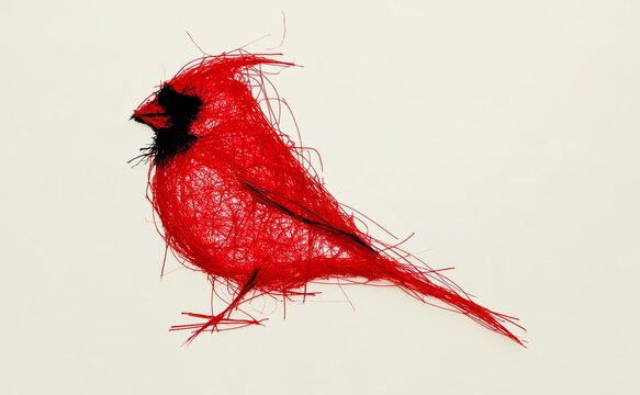 a cardinal in haphazard chaotic sketch or stitched style; side-profile of red bird