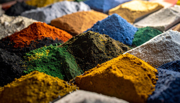 Close-up of vibrant colorful pigment powder heaps in various colors, showcasing texture, art supplies, and creative manufacturing concepts.