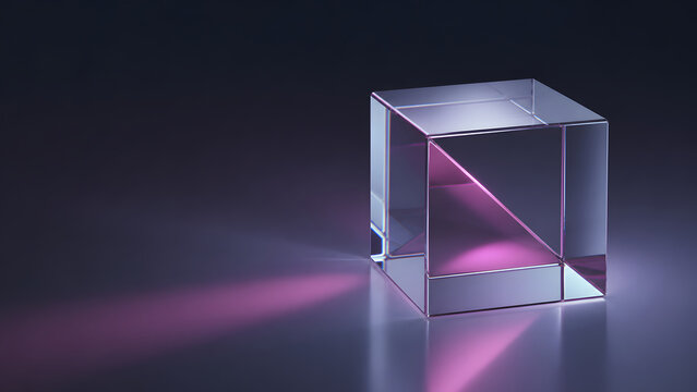 Glass Cube Prism Refracting Light on Dark Surface