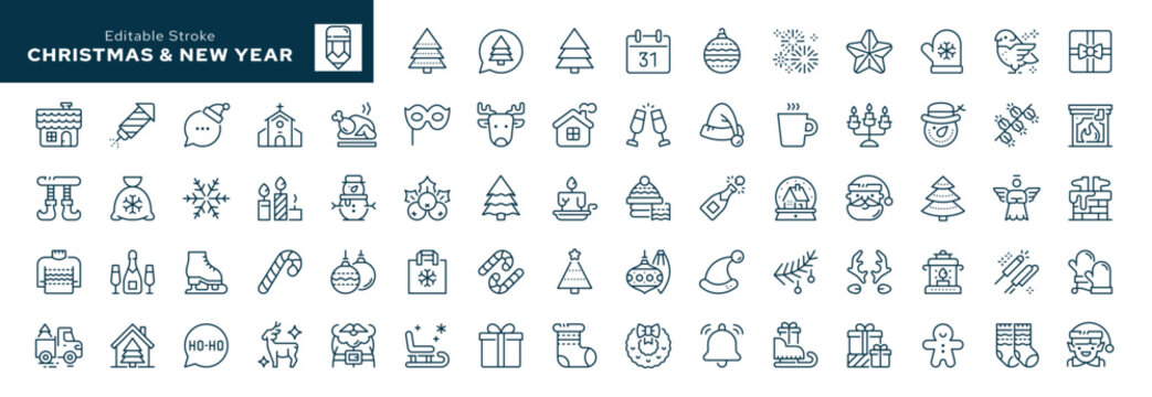 Christmas outline icons. Happy new year, xmas, santa claus, christmas tree, holiday, gift, snowman, elf, angel. Line icon in linear style. Vector collection