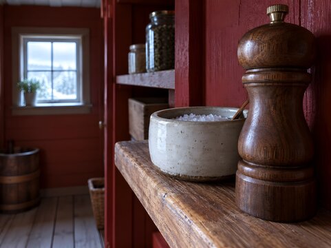 Stoneware salt cellar and turned wooden pepper mill on a scrubbed board