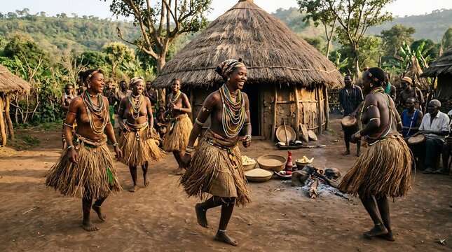 Group of women dancing in traditional grass skirts and beaded jewelry in rural village