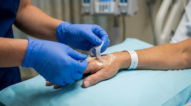 Nurse Carefully Removing IV Cannula from Patient's Hand.