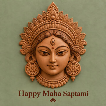 Handcrafted terracotta goddess durga face sculpture with ornate crown celebrating maha saptami during durga puja and navratri festival devotional artwork background design