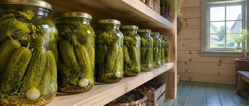 Pickled cucumbers in glass jars packed with brine and dill on a shelf in a Russian dacha pantry with pine boards