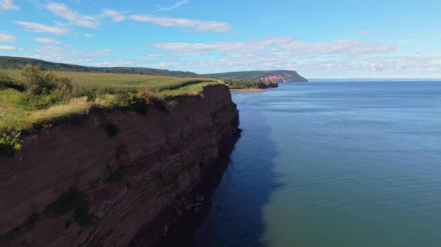 Aerial views of clay cliffs and ocean at Houston's Beach, NS