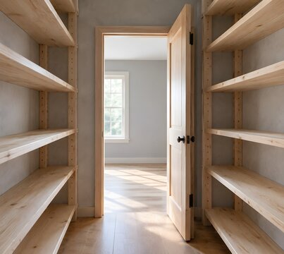 Empty pantry shelving with bare nails and swept boards waiting to be filled
