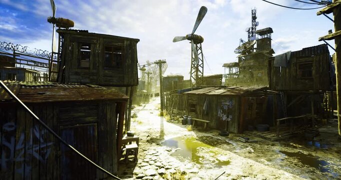 Sunlit shantytown windmill makeshift homes, scavenger picking through rusted metal, muddy pathways leading to market stalls, golden glow on corrugated roofs,