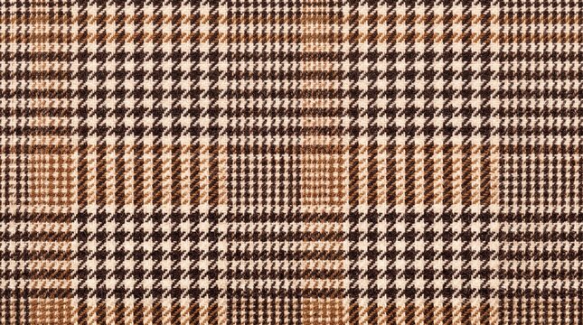Brown and beige houndstooth wool fabric texture with checkered plaid pattern for clothing