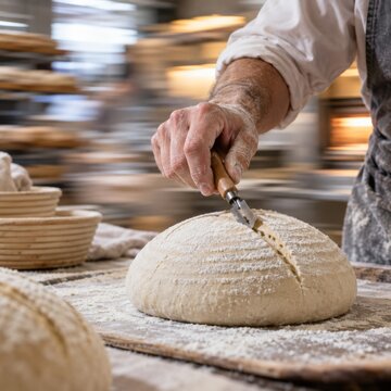 Baker Cutting Decorative Score into Bread Dough