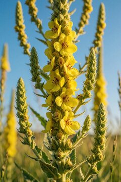 Yellow Mullein flowers bloom in sunny meadow. Verbascum thapsus plant grows tall under blue sky. Wild medicinal herbs feature bright petals, green buds in nature. Macro shot of flowering summer weeds