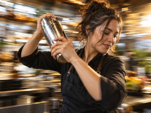 Female Bartender Shaking Cocktail During Service