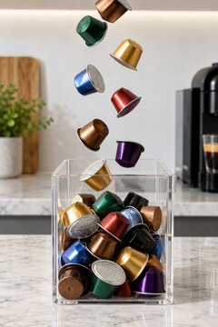 Coffee Capsules Falling Into Container