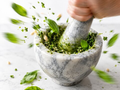 Grinding Fresh Herbs with Mortar and Pestle