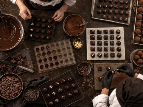 Overhead Artisan Chocolate Production with Bonbons