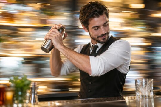 Bartender Shaking Cocktail Behind Busy Bar