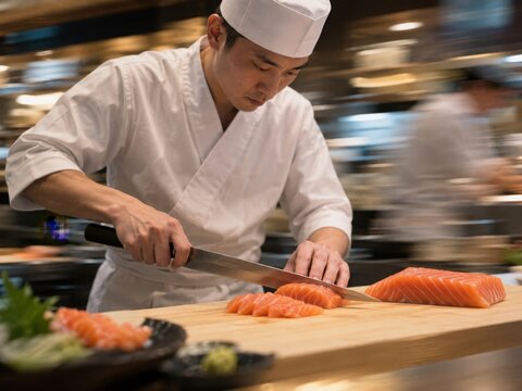 Sushi Chef Slicing Fresh Salmon