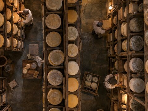 Overhead Winery Cellar with Workers and Wooden Barrels