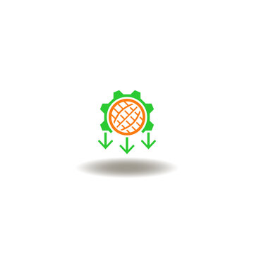 Vector illustration of gear with earth globe and three arrows. Icon of internet communication service. Symbol of ICT.