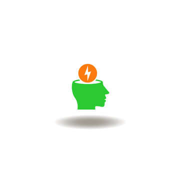 Vector illustration of human head with flash lightning. Symbol of fever attention. Icon of headache, pain, migraine. Sign of bad emotion and stress.