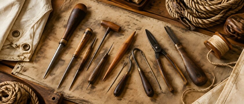 Marlinspike and sailmaker tools with worn handles and metal points on a canvas workbench in warm wood and ochre tones