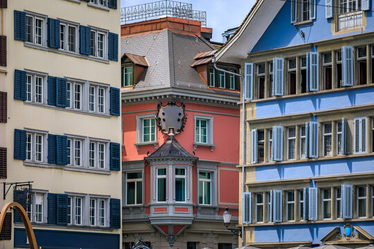 Historic old town street with traditional architecture in Zurich, Switzerland