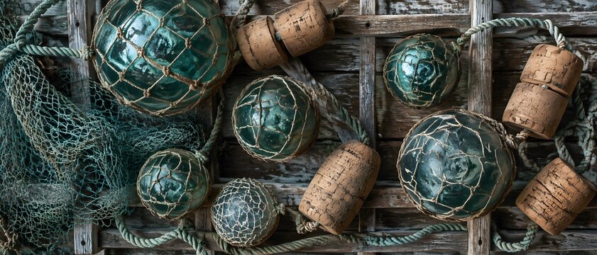 Translucent green glass net floats and tanned cork floats on a weathered timber rack in aqua and brown tones