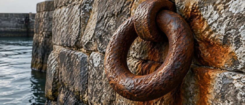 Heavy rusted iron ring set in an ancient harbour wall of worn stone in grey and orange tones under soft shaded light