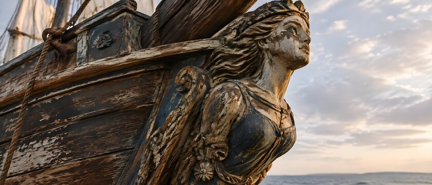 Carved wooden figurehead with weathered detail and chipped paint on an old ship bow