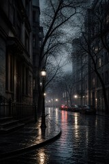 Fototapeta premium Moody rainy street with glowing lamps in a dark city
