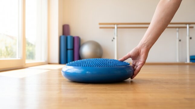 Woman preparing a blue stability disc for a workout in a bright fitness studio