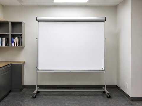 Rolled whiteboard with a partly unfurled white face on a wheeled metal stand in a lecturer office