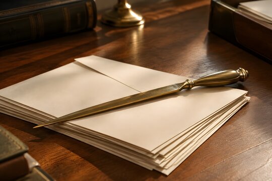 Brass letter opener resting on a stack of blank mail on a lecturer desk in dim daylight with cream paper