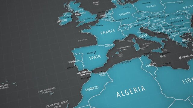 Spain on the political map of Europe with smooth camera movement