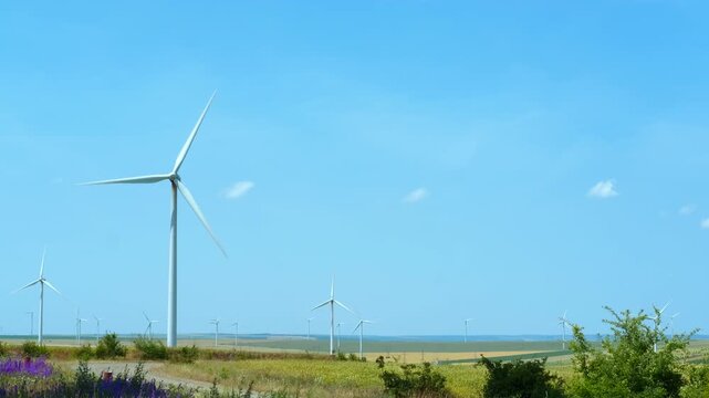 Wind turbines standing on a field are generating clean energy. The blue sky provides a perfect backdrop for sustainable development