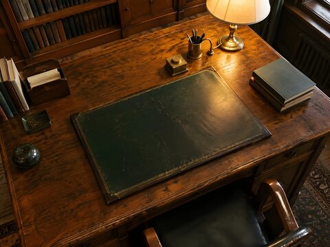 Heavy wooden desk with a leather ink blotter in a lecturer office with honey wood tones