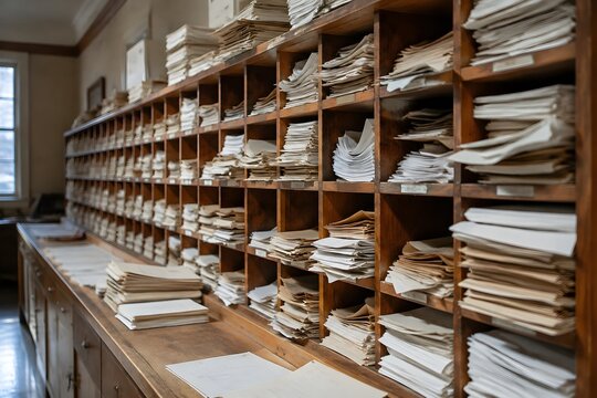 Overstuffed wooden pigeonhole mail sorter crammed with paper in a lecturer office