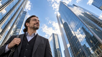 Fototapeta premium Glass buildings reflecting the sky behind a man with glasses