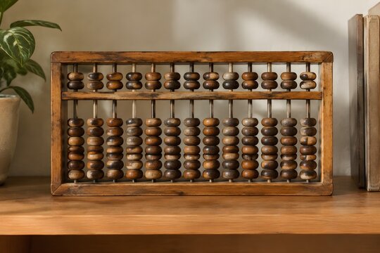 Wooden abacus with worn beads on rails standing on a lecturer shelf