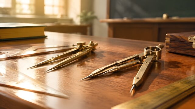 Brass dividers and drafting compass with pointed tips on a lecturer desk in warm gold and cream daylight
