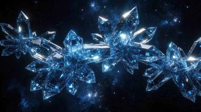 Abstract blue crystal formations float in deep space nebula. Shimmering ice shards glow with cosmic energy amidst dark galaxy stars. Glowing azure mineral structures create beautiful fractal patterns